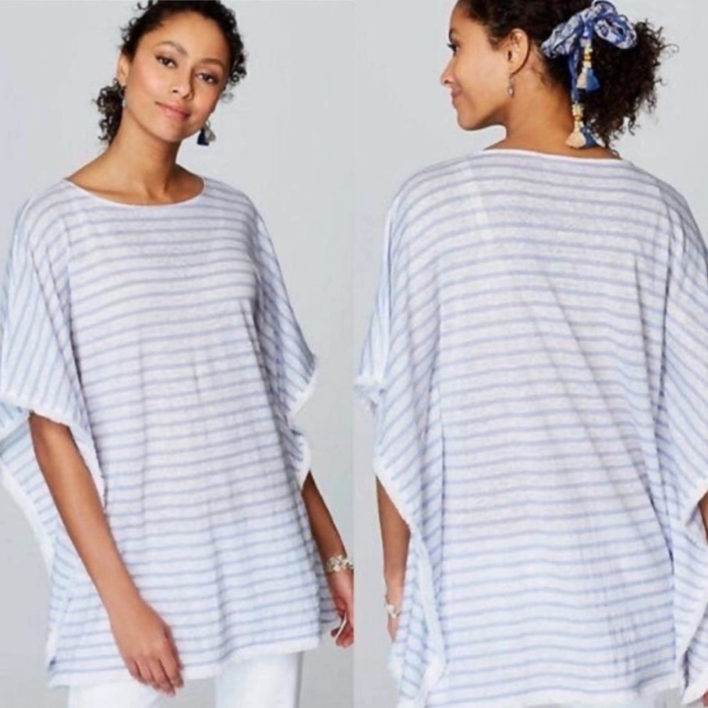J. Jill Linen Striped Fringe Trim Poncho Sz M/L